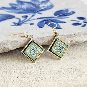 Yellow Portuguese Tile Earring Diamond Drop Shape Earring Azulejo GOLD STEEL Prom Earring Portugal Jewelry Gift Mother Wife Anniversary Gift