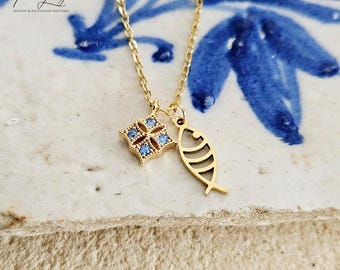 Portuguese Sardine Necklace GOLD STEEL Fish Blue CZ Zircon Crystal Charm Pendant Gold Sea Animal Fish Sardine Jewelry Gift from Portugal