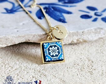 Personalized Initial Necklace Portugal Tile Pendant Initial Custom Disk Charm Custom Gold Initial Necklace Disk Initial Silver Steel Jewelry