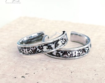 SILVER or GOLD Black & White Tile Pattern Earring Portugal STEEL Azulejo Flat Large Hoop Gift Travel Jewelry Women Gift 2.8cm|1.10''