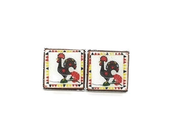 Portuguese Rooster tile earrings Galo earrings mini Rooster tile studs Square Geometric Rooster Studs Black Red Small Tile Studs