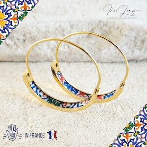 Antique Coimbra Tile 1.2&#39;&#39; HOOP Earring Portugal Lightweight STEEL Azulejo Gold Hoop Historical Jewelry Christmas Gift Travel Handmade Gift