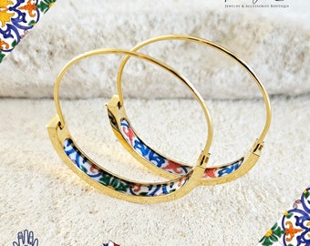 Antique Coimbra Tile 1.2'' HOOP Earring Portugal Lightweight STEEL Azulejo Gold Hoop Historical Jewelry Christmas Gift Travel Handmade Gift