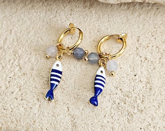 Striped Small Sardine Earring Natural Stone Charm Blue White Fish Earring Gold Non Pierced Ears Hoop Earring Enamel Coastal Portugal Gift