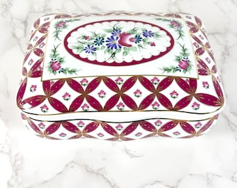 Vintage 2003 Limited Edition Porcelain Trinket Box Burgundy Lattice & Floral