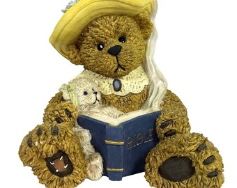 Vintage Young's Teddy Bear Reading Bible Figurine, Mother Bear & Cub, Christian