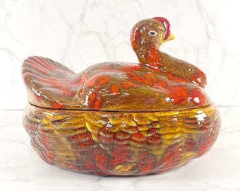 Vintage 1970s Ceramic Turkey Tureen with Lid Drip Glaze Fall Casserole Dish