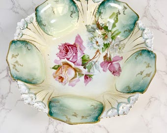 Antique R.S. Prussia Serving Bowl Roses Teal Panels Gold Gilt RED MARK (c. 1900)