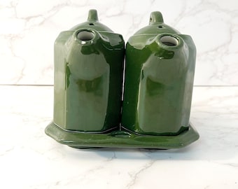Vintage Lidded Shenango China Oil & Vinegar Cruet Set with Tray Forest Green