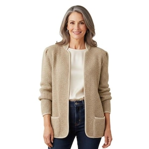 Vintage 80s Adele Joyce Boucle Cardigan Sweater Large Oatmeal Open Front