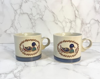 Set of 2 Vintage Epoch American Mug, Mallard Duck Stoneware Cups, Korea