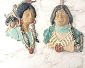 Vintage MCM Sexton Metalcraft Native American Cast Aluminum, Two Wall Plaques
