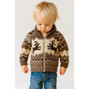 Vintage Cowichan Hand Knit Kids 100% Laine Wool Sweater Zip Front Brown Beige