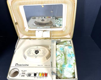 Vintage 1960s Dominion Portable Hair & Nail Dryer Vanity Case Working Bonnet Retro Beauty Salon Travel Appliance