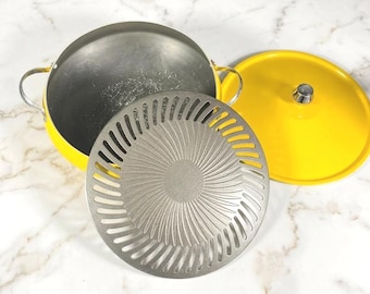 Parrilla de asar sin humo Vintage Harvest Gold, juego de 3 piezas con tapa MCM, década de 1970