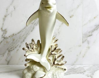 Vintage 1998 Lefton China Dolphin Figurine White Porcelain Nautical Marine Decor