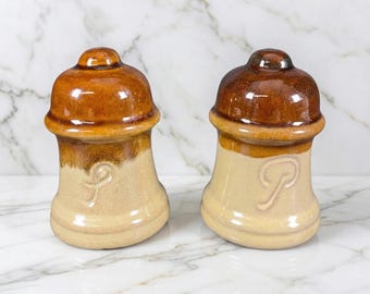 Vintage Retro Ceramic Salt Pepper Shakers Bell Brown Beige Embossed