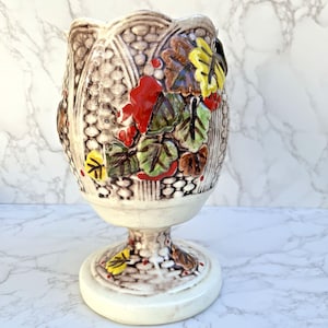 Vintage Majolica Style Podest Vase Geprägte Blätter, Circa 1970