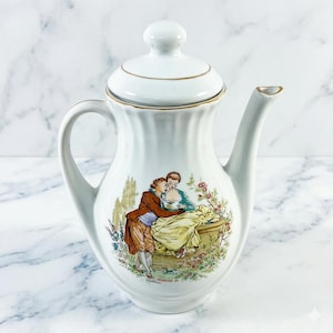 Vintage FP Zajecar Coffee Tea Pot Watteau Courting Couple Yugoslavia Gold Gild