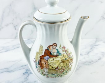Vintage FP Zajecar Coffee Tea Pot Watteau Courting Couple Yugoslavia Gold Gild