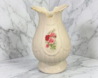 Vintage Formalities by Baum Bros Cream Floral Vase Gold Rim Pedestal Footed Vase