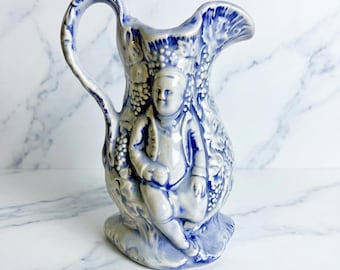 Vintage Signed Elizabeth Groen Studio Pottery Hand-Painted Figural Relief Jug