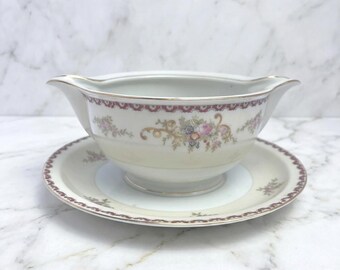 Vintage Occupied Japan Gravy Boat Attached Plate Hand Painted Double Pour