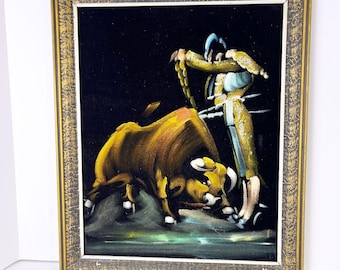 Vintage Matador Bull Fighter Black Velvet Painting Original Frame MCM 20x16
