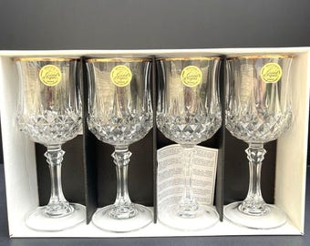 Vintage French 1990s Cristal d'Arques Longchamp Gold Rim Genuine Lead Crystal Wine Glasses