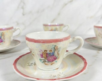 Vintage Lusterware Tea Cups Saucers Fragonard Courting Couple Occupied Japan