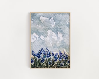 Sunrise Bluebonnets | Bluebonnet Print | 5x7 | 8x10 | 9x12 | 11x14 | Blue Floral | Watercolor Art | Texas Bluebonnet | Calm Wall Art