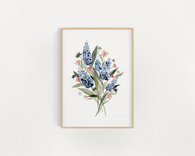 Texas Wildflower Bluebonnet Watercolor Painting Watercolor Art 5x7 8x10 9x12 11x14 Texas Wildflower Painting Bluebonnet Painting image 1