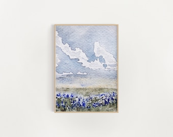 Bluebonnet Landscape No. 1 | Watercolor Art | 5x7 | 8x10 | 11x14 | Bluebonnet Painting | Landscape Painting | Texas Bluebonnets |
