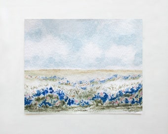 Wildflower Fields | Bluebonnet Painting | 5x7 | 8x10 | 9x12 | 11x14 | Watercolor Art | Bluebonnet Print | Texas Bluebonnet | Calm Wall Art