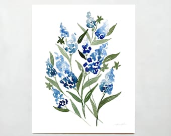 Lámina de acuarela de lupino azul / Ilustración floral de Texas / 5x7 / 8x10 / 9x12 / 11x14 /