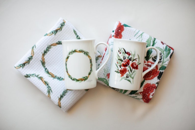 Wreath Holiday Mug Bone China Mug Christmas Gift Stocking Stuffer Watercolor Painting Watercolor Flowers Fine Art Mug image 6