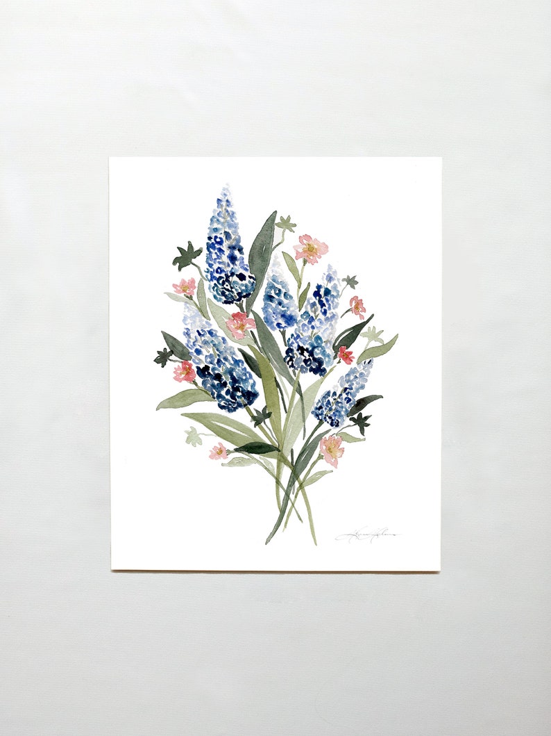 Texas Wildflower Bluebonnet Watercolor Painting Watercolor Art 5x7 8x10 9x12 11x14 Texas Wildflower Painting Bluebonnet Painting image 2