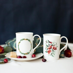 Wreath Holiday Mug Bone China Mug Christmas Gift Stocking Stuffer Watercolor Painting Watercolor Flowers Fine Art Mug image 7