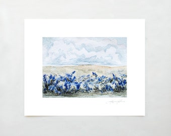 Lámina artística de acuarela de un campo de lupinos azules de Texas / 5x7 / 8x10 / 9x12 / 11x14 /