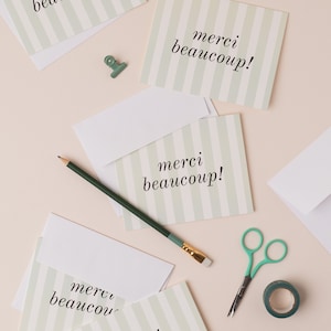 Merci Beaucoup Greeting Card | French Inspired Striped Thank You Card Stationery Set