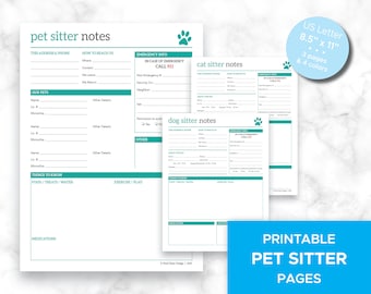 Turquoise Pet Sitting PDF, Printable Dog Sitter page, Cat Sitter page, Petsitting pages for Home Organizing, Binder, Printable Pet Care
