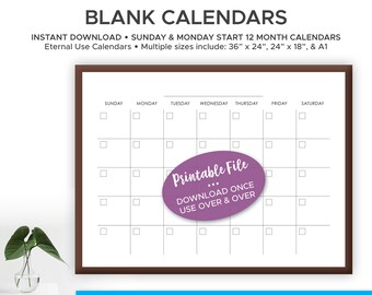 Printable Perpetual Wall Calendar, Modern Blank Design (Digital Download)