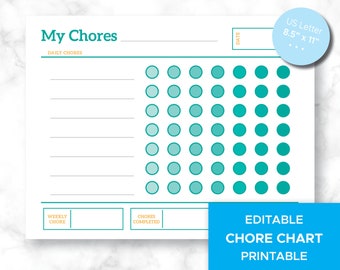 Turquoise Chore Chart, Editable Printable, Daily and Weekly (PDF)