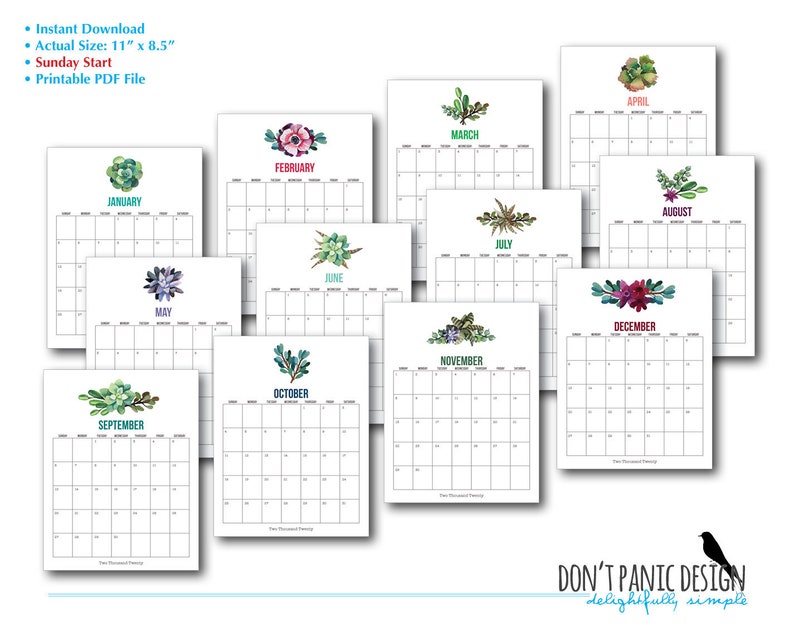 2021 Succulent Printable 12 Month Wall Calendar Fun Cactus ...