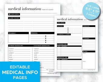 EDITABLE Medical Information Page, Printable Medical Management Pages, Organize Medical Details General & Details, Personal Medical History