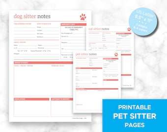 Coral Pink Pet Sitting PDF, Printable Dog Sitter page, Cat Sitter page, Petsitting pages for Home Organizing, Binder, Printable Pet Care