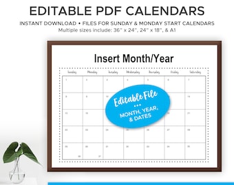 Large, Fun, Printable & Editable Calendar, for a  Family Schedule or Home Command Center, Homeschool Classroom, or an Office Calendar