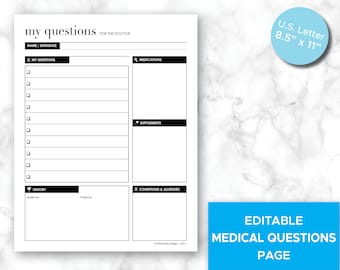 Medical Questions Page, Health Tracker, Printable Organizer (Editable PDF)