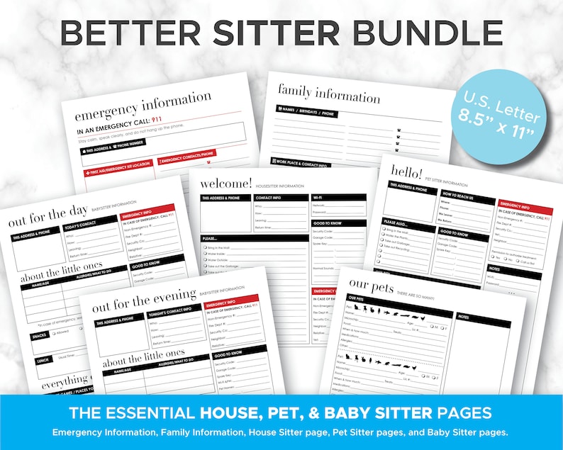 The Better Sitter Bundle: EDITABLE Organizing Bundle Printable Home Management Pages House Sitter, Pet Sitter, Baby Sitter Info Pages image 1