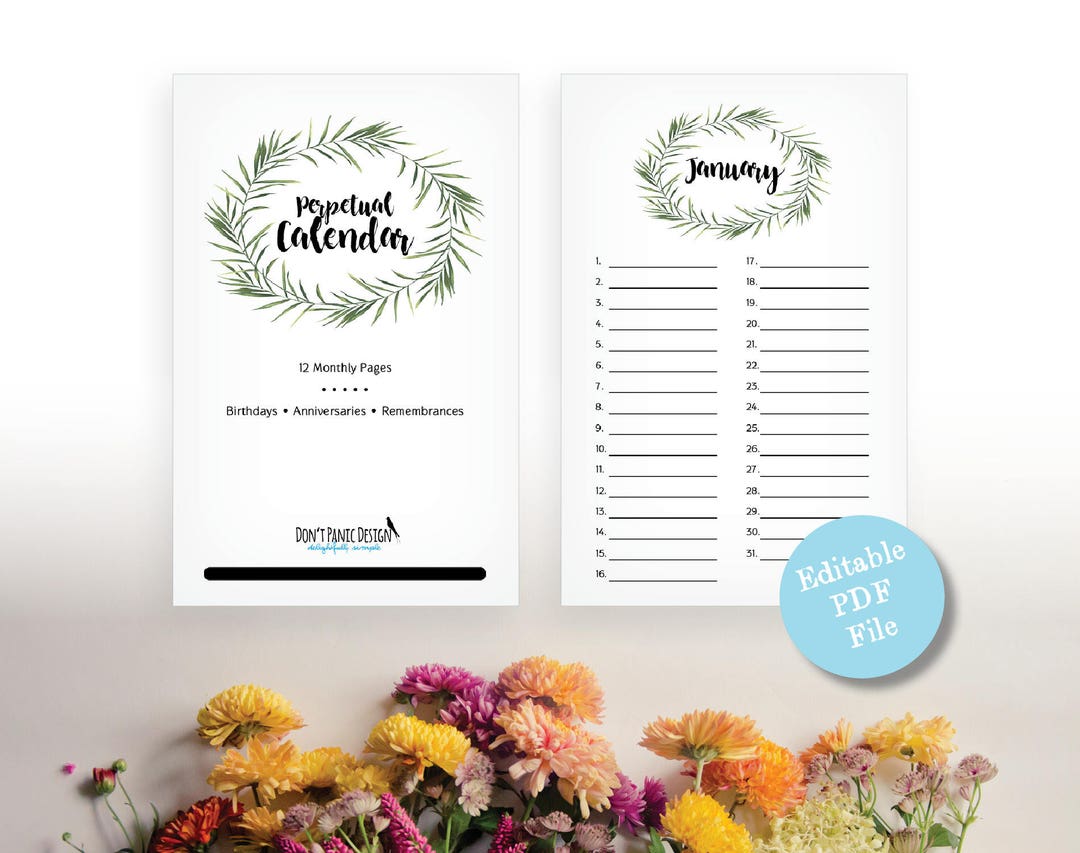 Printable Leaf Perpetual Calendar, Editable Birthday Calendar ...